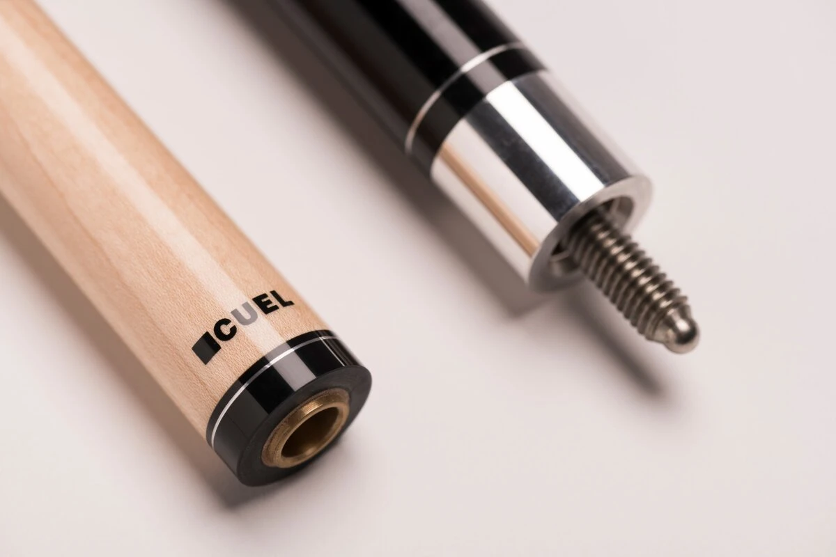 CUEL BE0-054 Billard-Queue für Poolbillard, 2-teilig, mit Klebeleder, Vollholz-Oberteil, Leinen-Griffband, 5/16-18-Gewinde